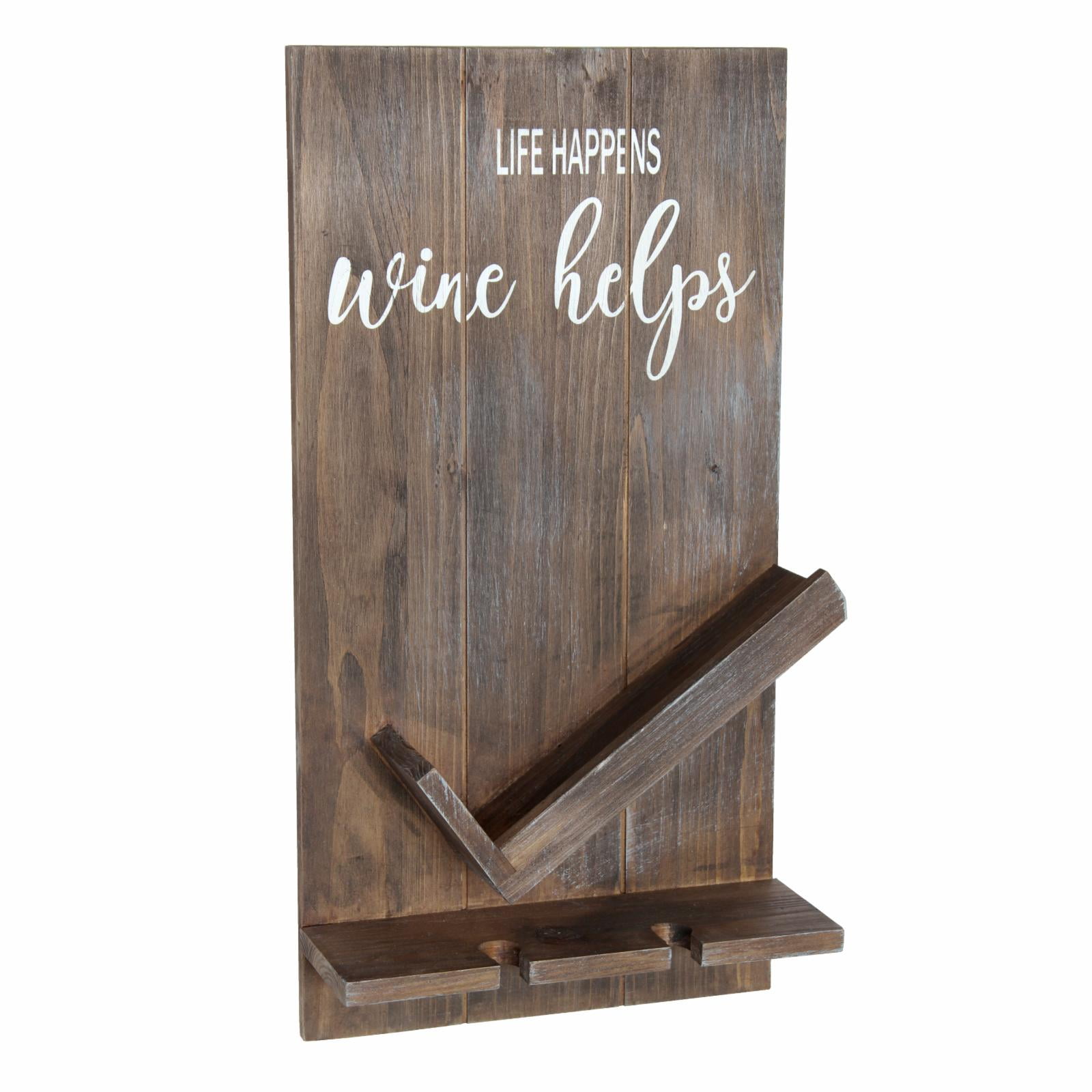 Picture of Elegant Designs Lucca Wall Mounted Wooden Life Happens Wine Helps Wine Bottle Shelf with Glass Holder&#44; Restored Wood