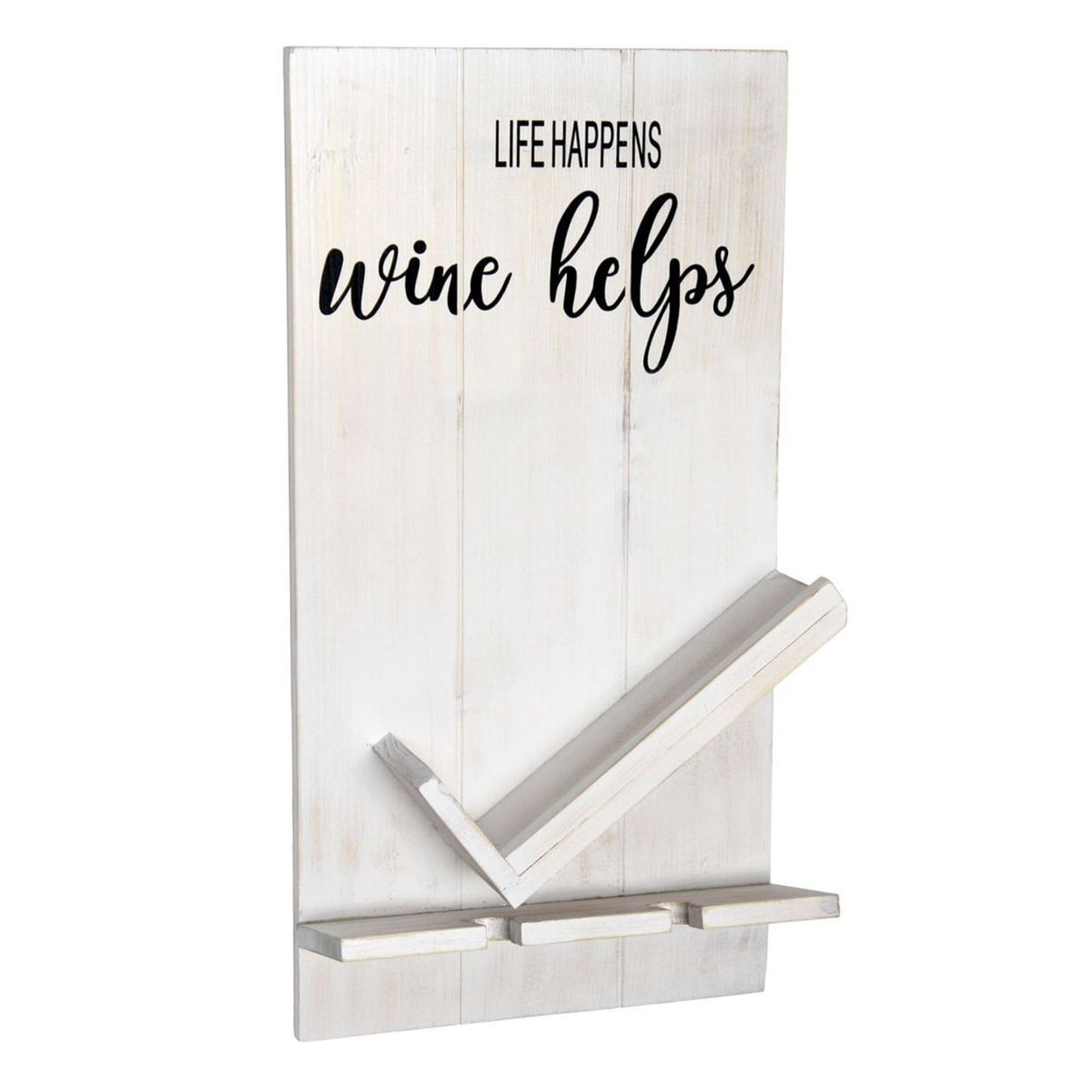 Picture of Elegant Designs Lucca Wall Mounted Wooden Life Happens Wine Helps Wine Bottle Shelf with Glass Holder&#44; White Wash