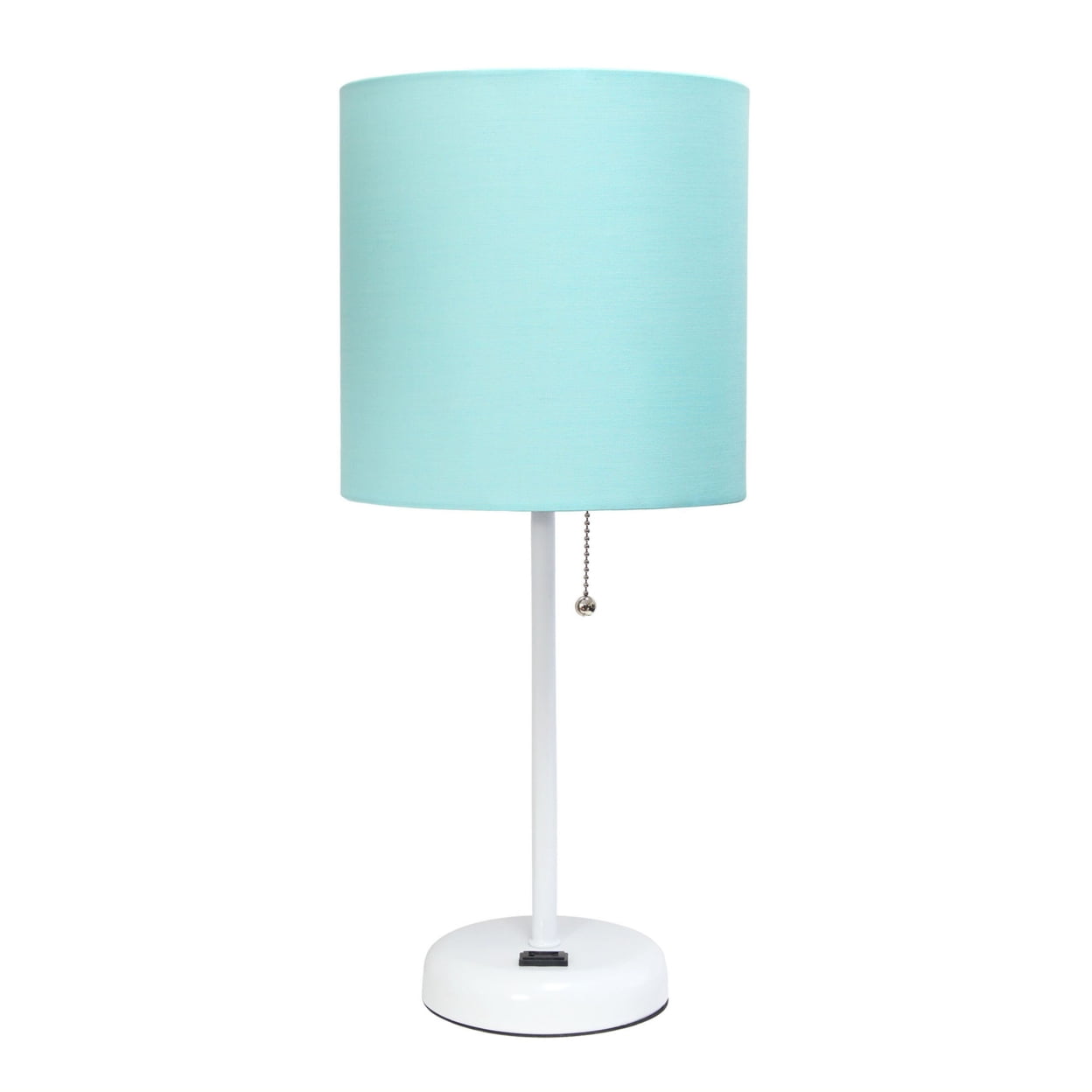 19.5 in. Oslo Contemporary Bedside Power Outlet Base Standard Metal Table Desk Lamp with Drum Fabric Shade, Aqua & White -  Iluminando, IL2754749