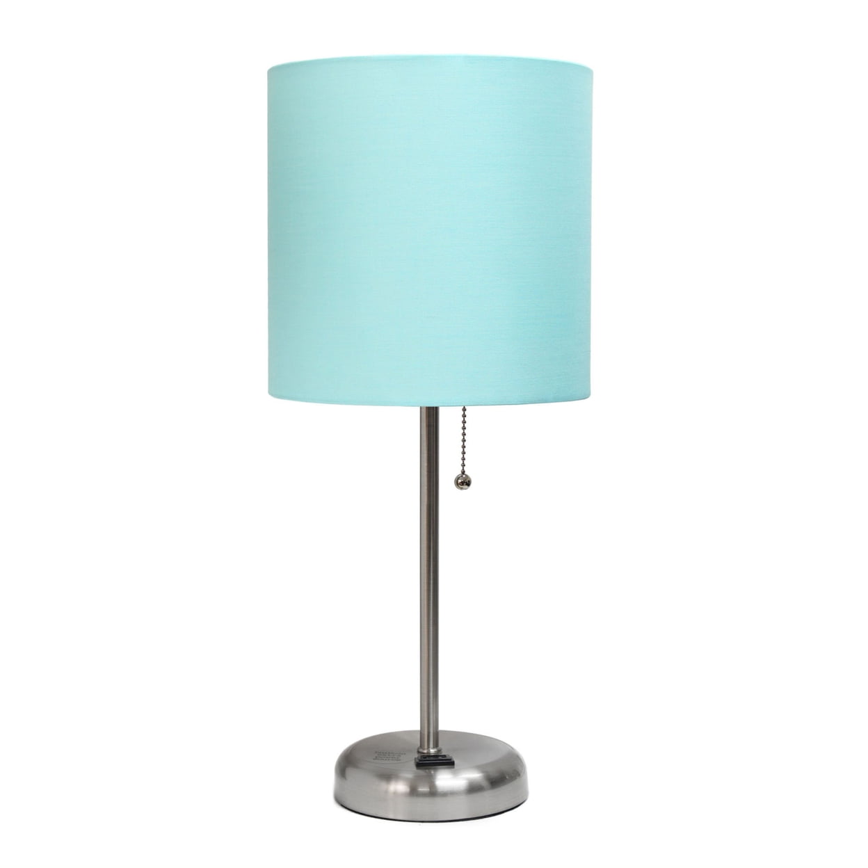 19.5 in. Oslo Contemporary Bedside Power Outlet Base Standard Metal Table Desk Lamp, Brushed Steel with Aqua Drum Fabric Shade -  Iluminando, IL2752906