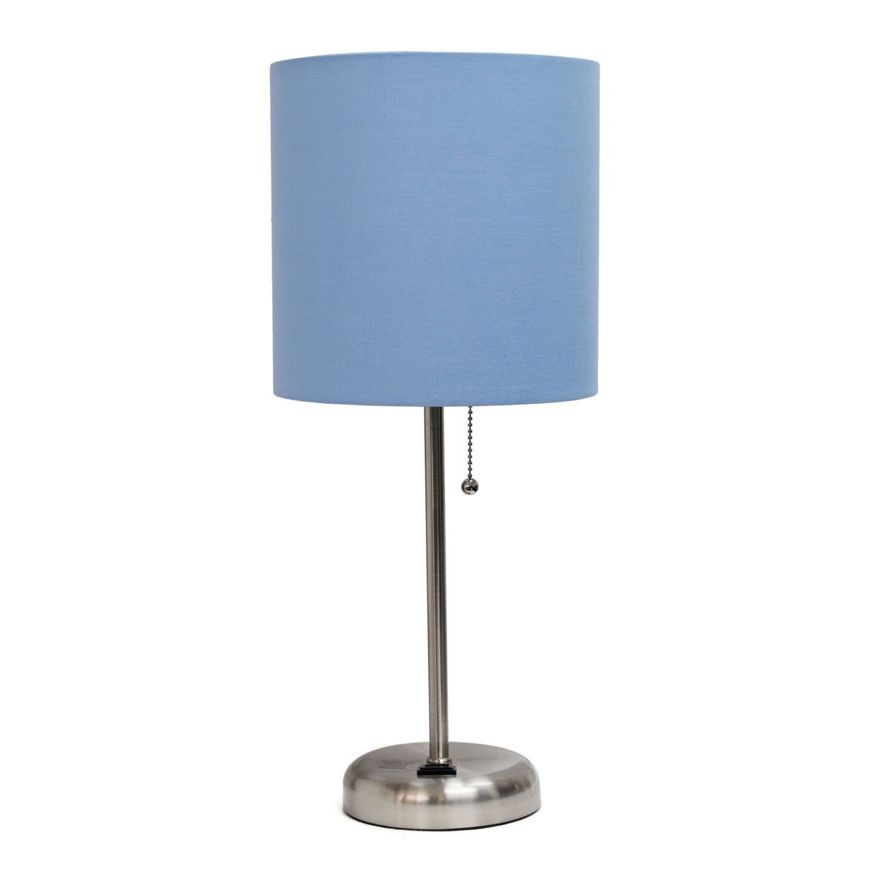 19.5 in. Oslo Contemporary Bedside Power Outlet Base Standard Metal Table Desk Lamp, Brushed Steel with Blue Drum Fabric Shade -  Iluminando, IL2752389