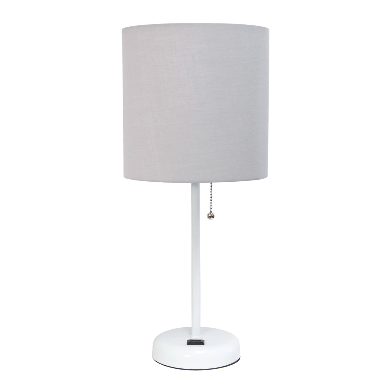 19.5 in. Oslo Contemporary Bedside Power Outlet Base Standard Metal Table Desk Lamp in White with Gray Drum Fabric Shade, Gold -  Iluminando, IL2750913