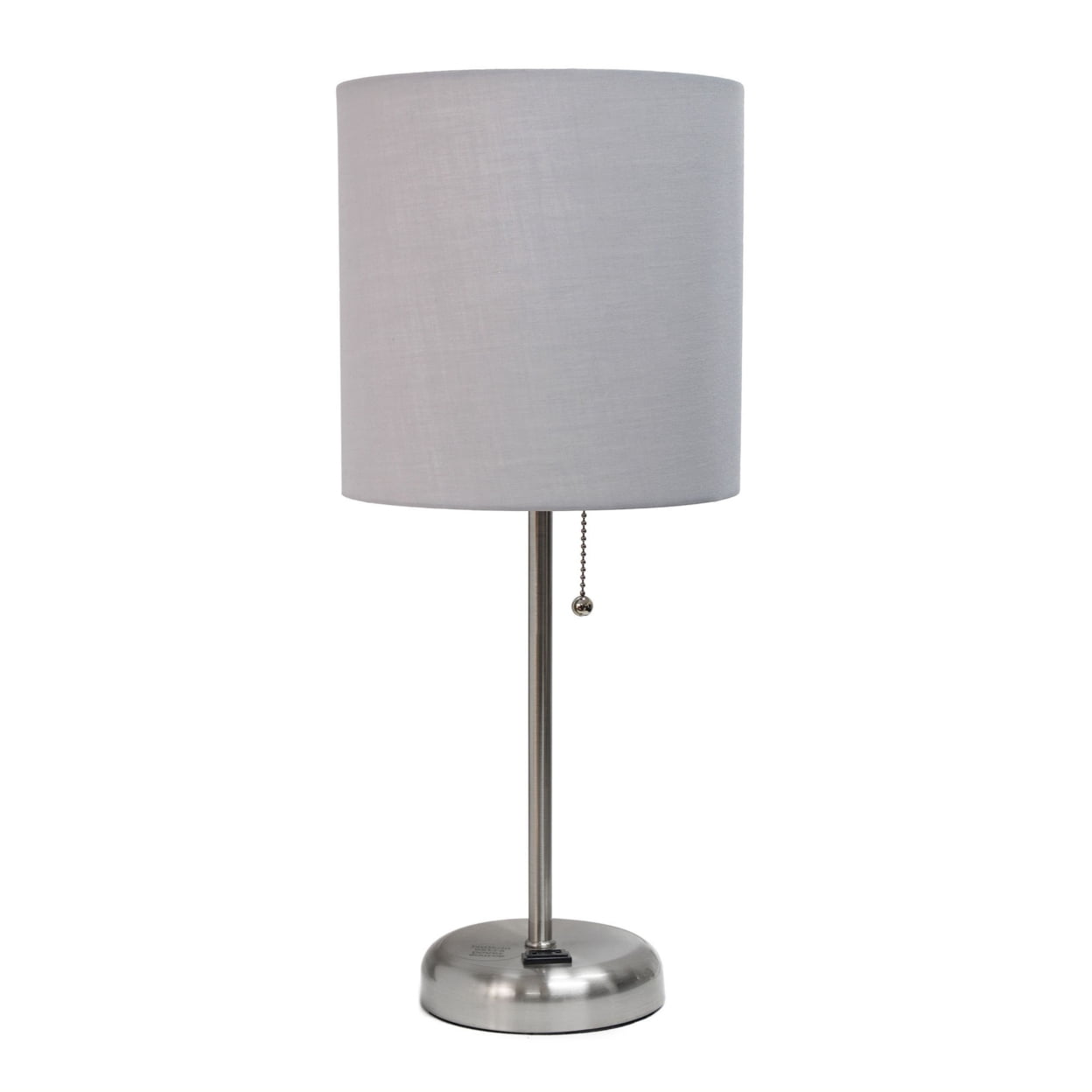 19.5 in. Oslo Contemporary Bedside Power Outlet Base Standard Metal Table Desk Lamp, Brushed Steel with Gray Drum Fabric Shade -  Iluminando, IL3362286