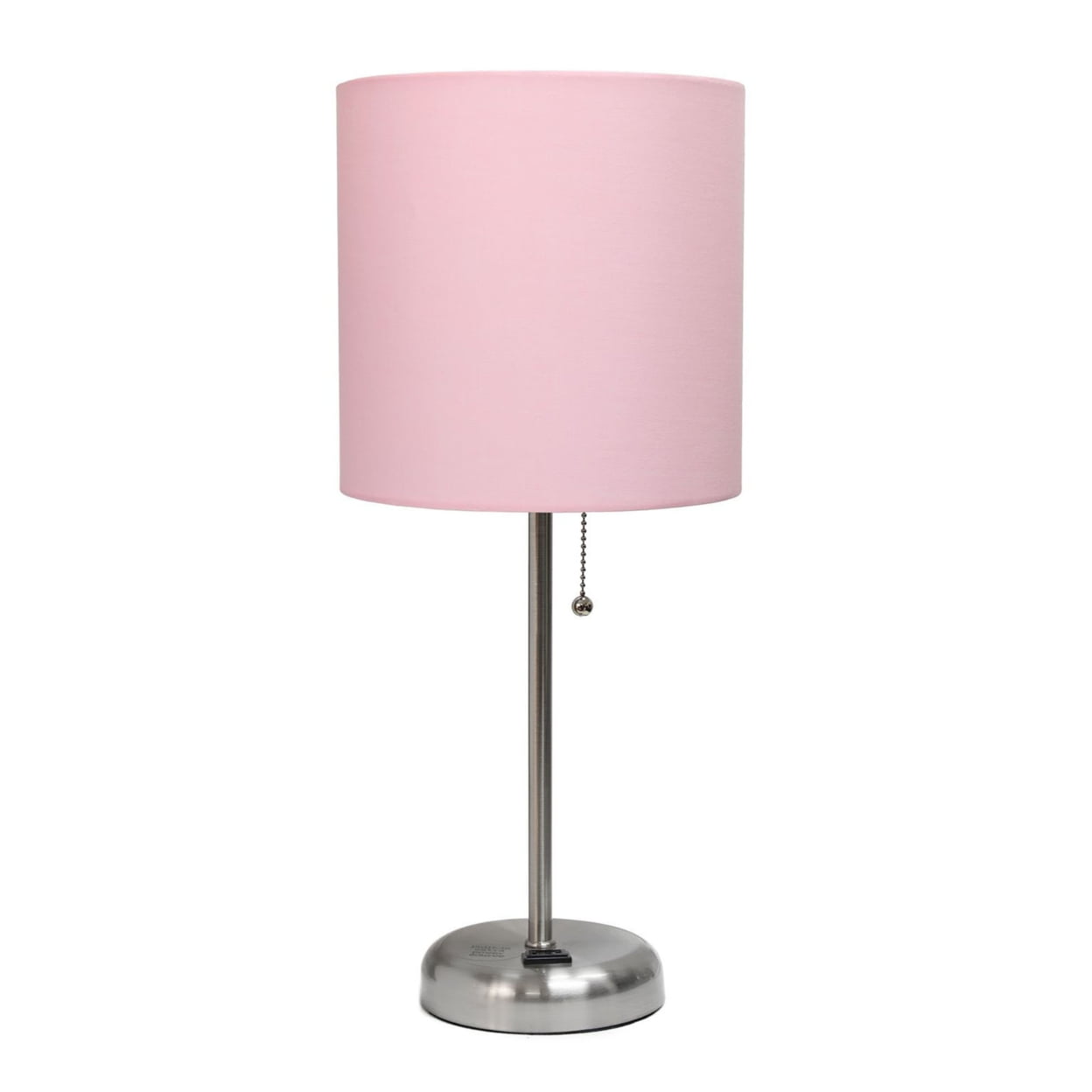 19.5 in. Oslo Contemporary Bedside Power Outlet Base Standard Metal Table Desk Lamp, Brushed Steel with Light Pink Drum Fabric Shade -  Iluminando, IL2751509