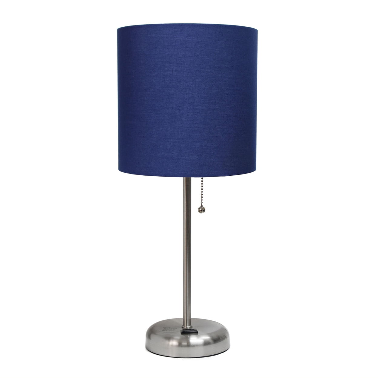 19.5 in. Oslo Contemporary Bedside Power Outlet Base Standard Metal Table Desk Lamp, Brushed Steel with Navy Blue Drum Fabric Shade -  Iluminando, IL2750914