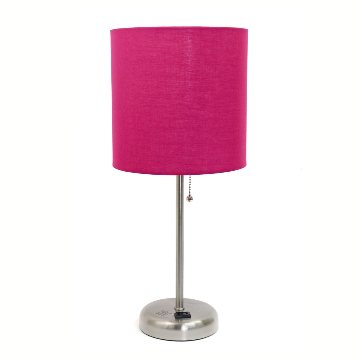 19.5 in. Oslo Contemporary Bedside Power Outlet Base Standard Metal Table Desk Lamp, Brushed Steel with Pink Drum Fabric Shade -  Iluminando, IL2752390