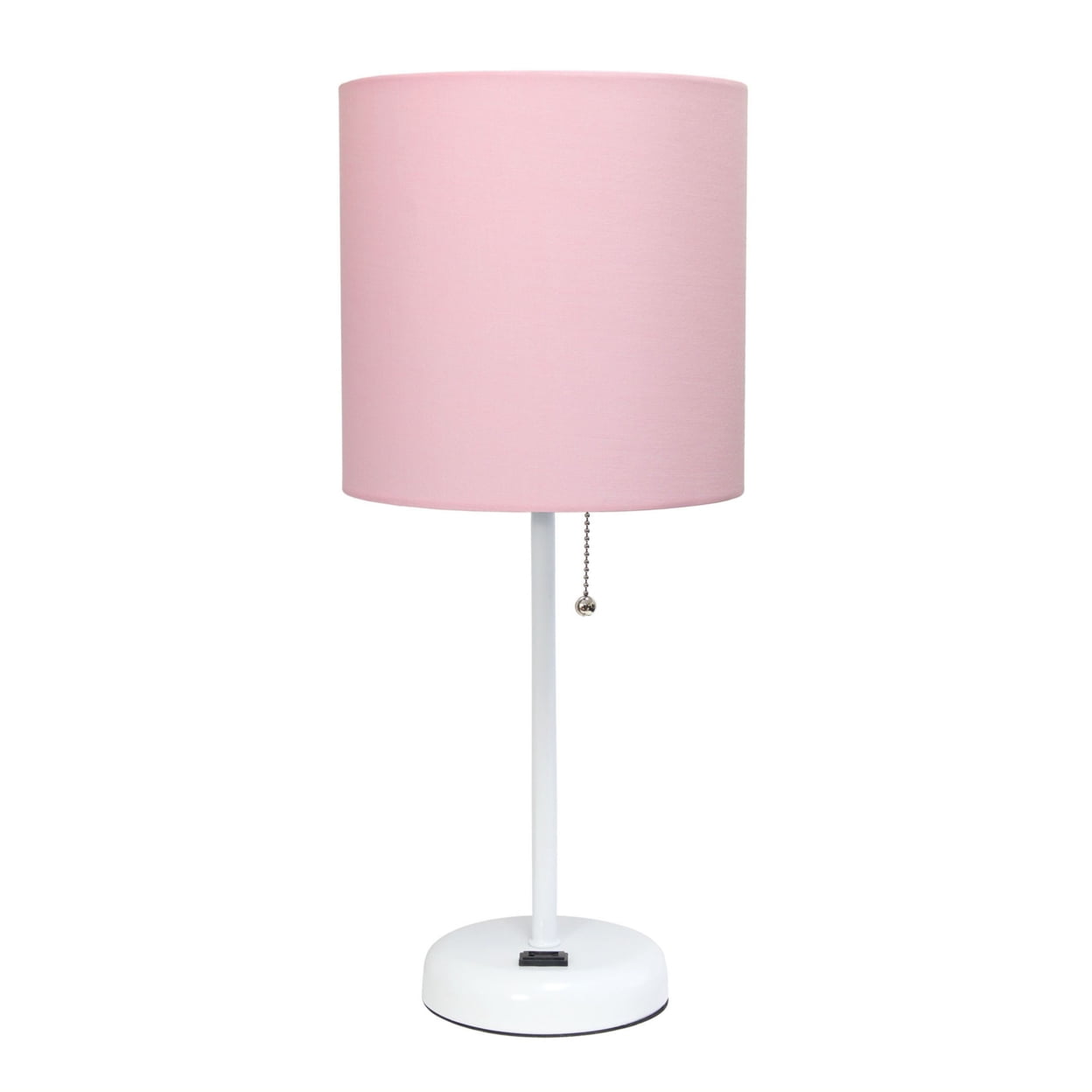 19.5 in. Oslo Contemporary Bedside Power Outlet Base Standard Metal Table Desk Lamp with Drum Fabric Shade, White & Light Pink -  Iluminando, IL2753607