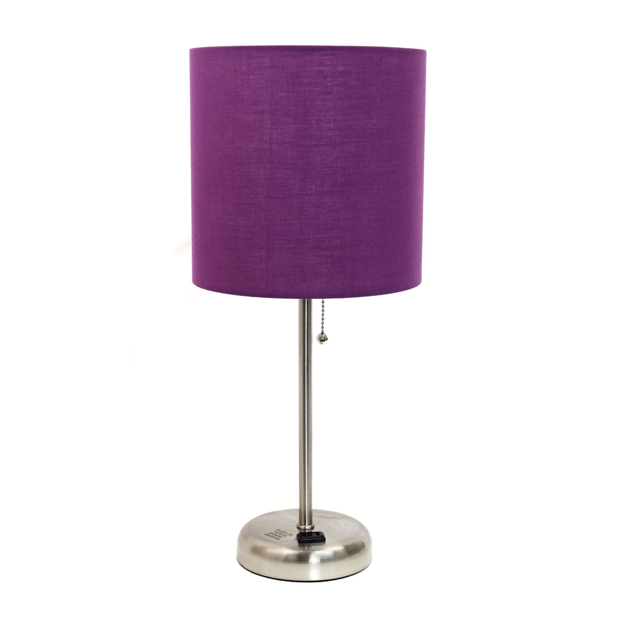 19.5 in. Oslo Contemporary Bedside Power Outlet Base Standard Metal Table Desk Lamp, Brushed Steel with Purple Drum Fabric Shade -  Iluminando, IL2752907