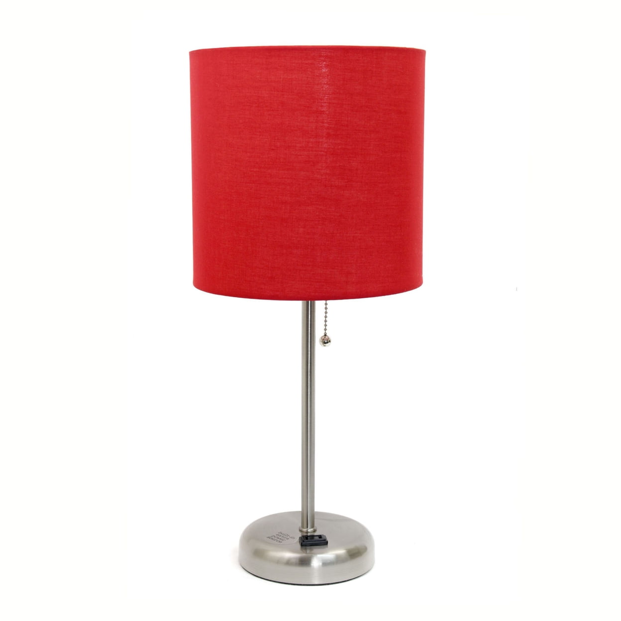 19.5 in. Oslo Contemporary Bedside Power Outlet Base Standard Metal Table Desk Lamp, Brushed Steel with Red Drum Fabric Shade -  Iluminando, IL2754750