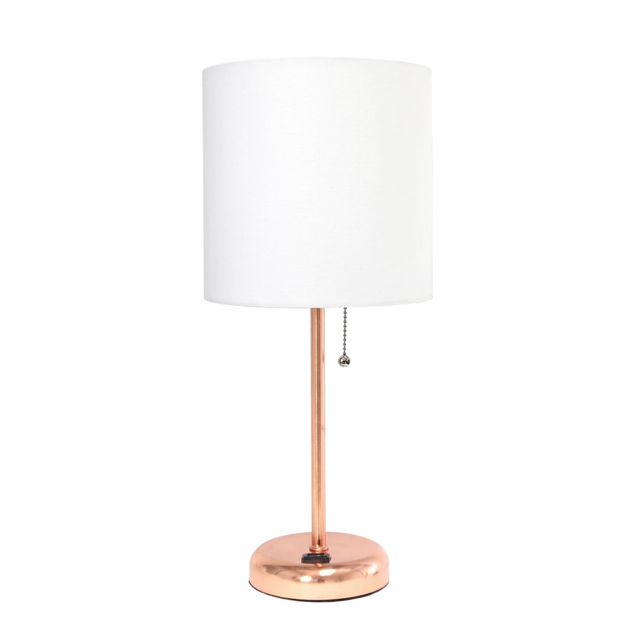 19.5 in. Oslo Contemporary Bedside Power Outlet Base Standard Metal Table Desk Lamp, Rose Gold with White Drum Fabric Shade -  Iluminando, IL2752048