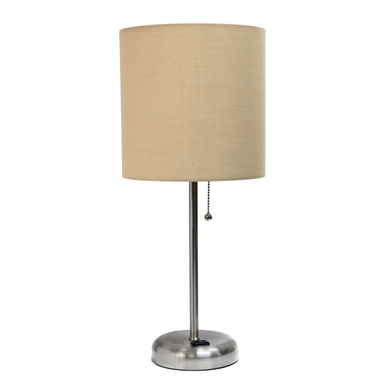 19.5 in. Oslo Contemporary Bedside Power Outlet Base Standard Metal Table Desk Lamp in Brushed Steel with Tan Drum Fabric Shade, Tan -  Iluminando, IL2754751