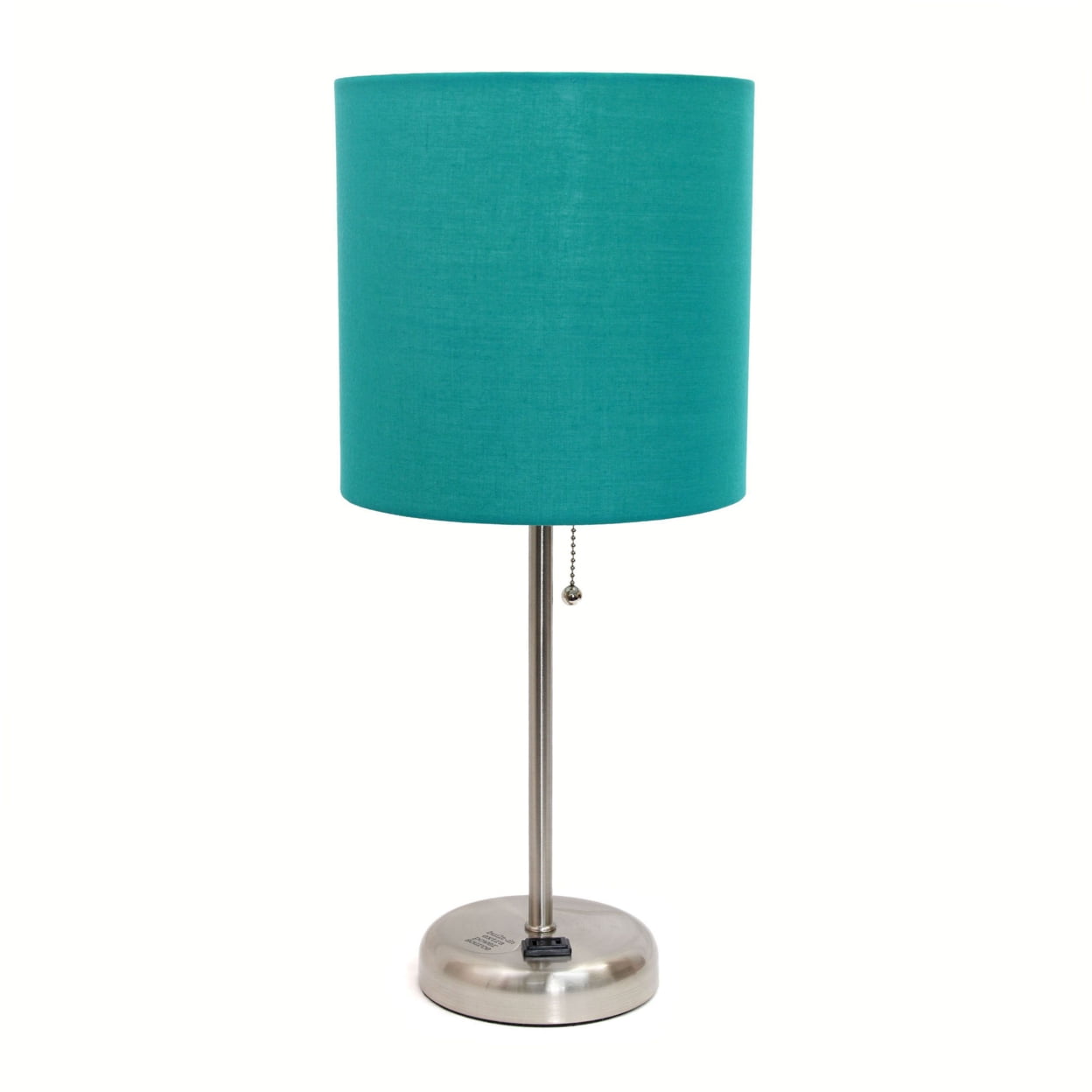 19.5 in. Oslo Contemporary Bedside Power Outlet Base Standard Metal Table Desk Lamp, Brushed Steel with Teal Drum Fabric Shade -  Iluminando, IL2752049