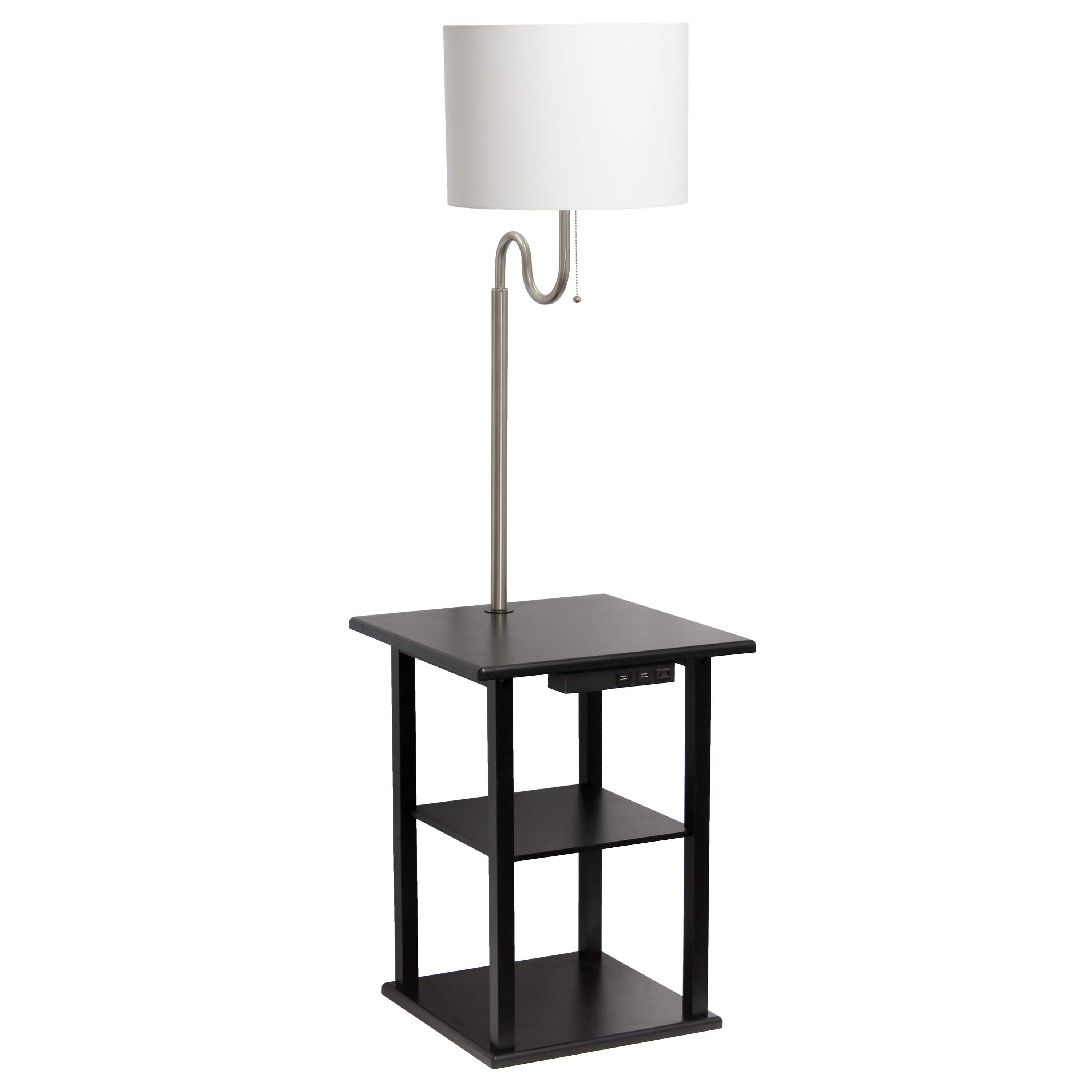 57 in. Modern 2 Tier End Table & White Drum Fabric Shade Floor Lamp with 2 x USB Charging Ports & Power Outlet, Black -  ProComfort, PR3350666