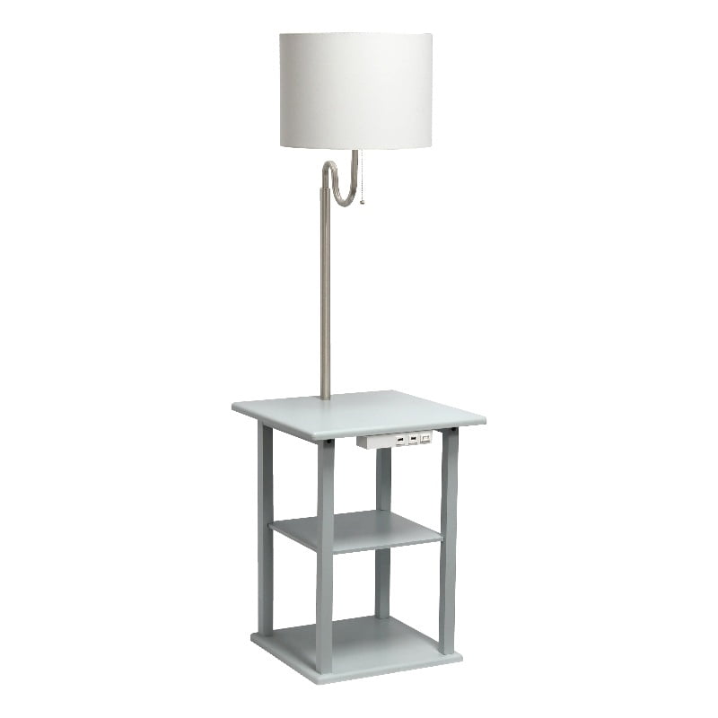 57 in. Modern 2 Tier End Table & White Drum Fabric Shade Floor Lamp with 2 x USB Charging Ports & Power Outlet, Gray -  ProComfort, PR3362287