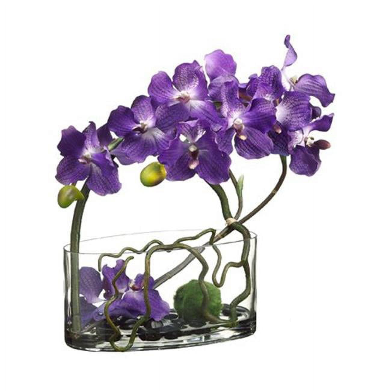 Picture of Allstate Floral WF1147-PU 18 x 7 x 14 in. Vanda Orchid&#44; Twig & Moss Ball Flower Arrangement&#44; Glass Vase Purple
