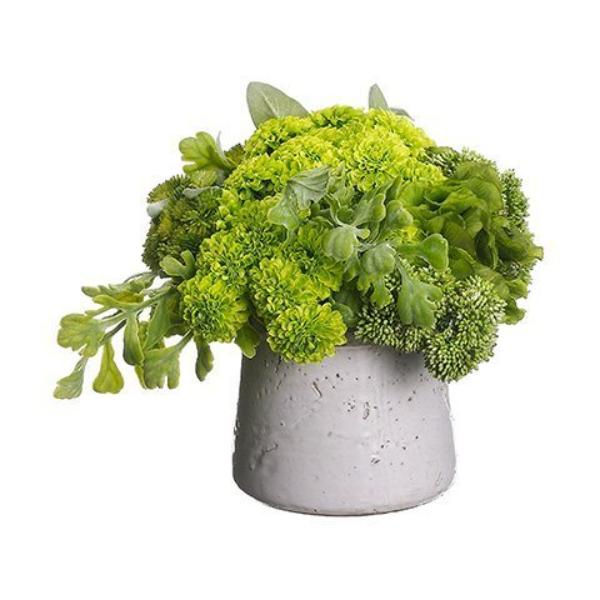 Picture of Allstate Floral & Craft WF9108-GR 10 x 13 x 14 in. Pompom&#44; Fern & Lambs Ear Arrangement&#44; Sto are Container - Green