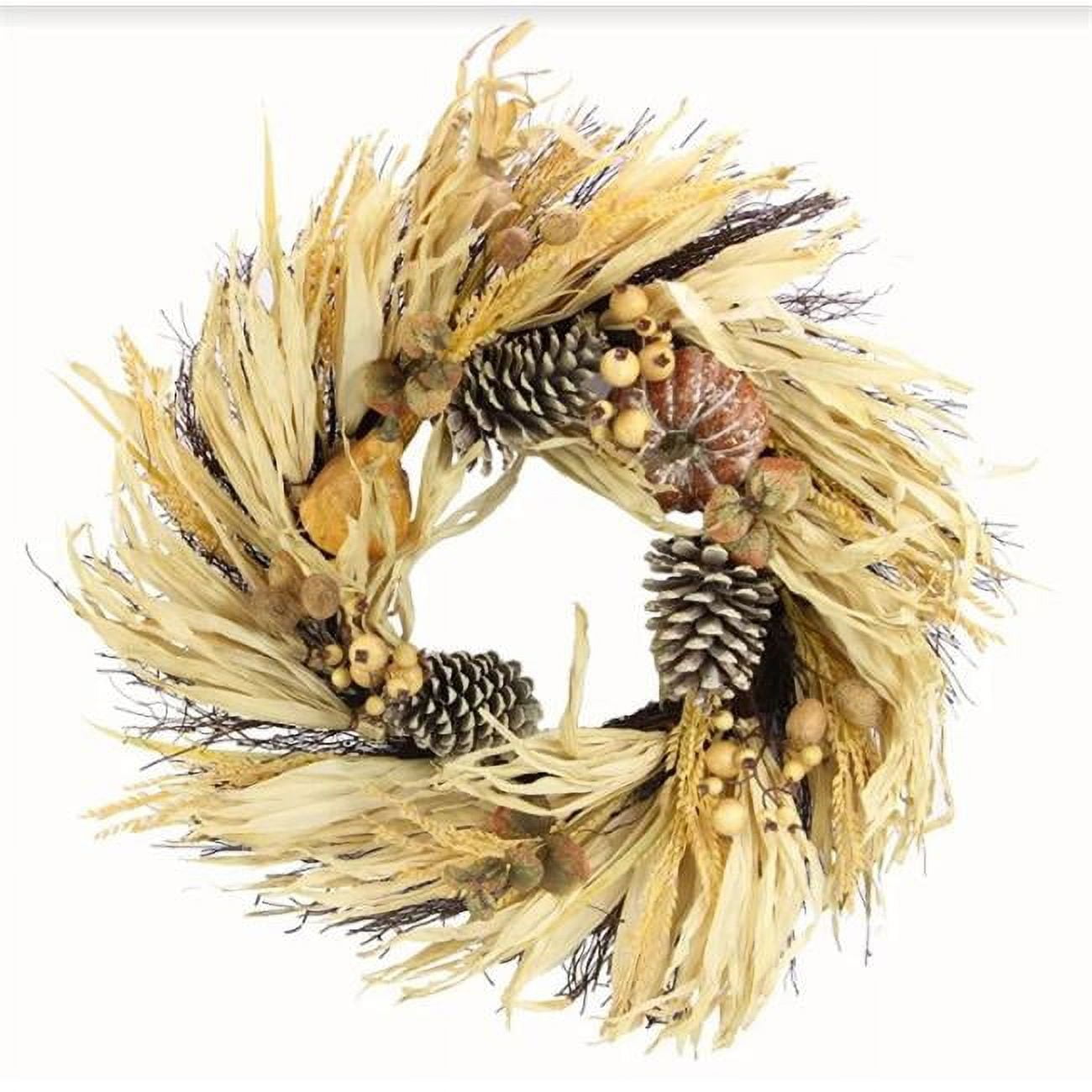 Picture of Admired By Nature GFW7018-NATURAL 24 in. Artificial Pumpkin Wheat Berry with Corn Husk Wreath for Front Door Fall Festive Harvest Thanksgiving - Unlit&#44; Natural