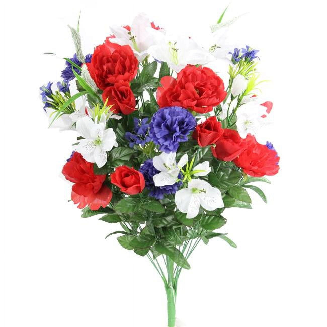 Picture of Admired by Nature ABN1B001-RD-WT-BL 40 Stems Artificial Full Blooming Lily&#44; Rose Bud&#44; Carnation & Mum with Greenery Mixed Flower Bush - Red&#44; White & Blue