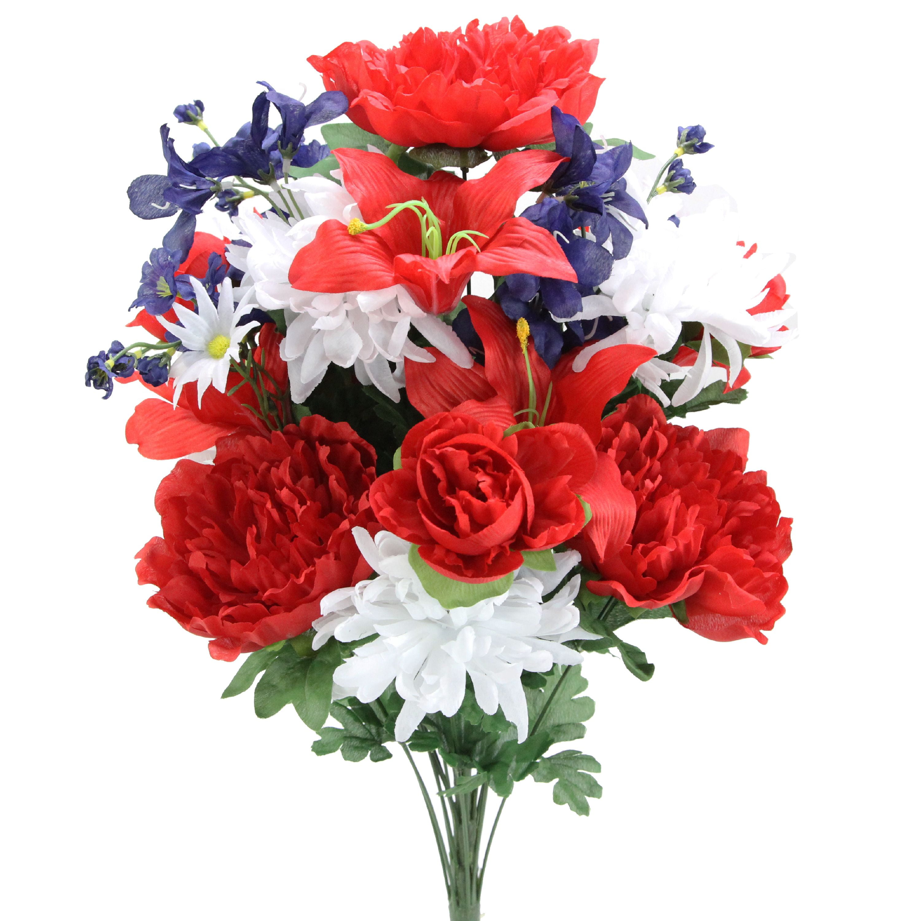 Picture of Admired by Nature ABN1B006-RD-WT-BL Artificial 24 Stem Peony - Lily & Mum Mixed Bush - Red&#44; White & Blue