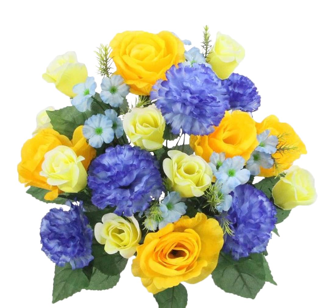Admired By Nature  Artificial Spring Flower Bush 24 Stem Rose/ Carnation Mixed Bush, , Citrus Blue Yellow