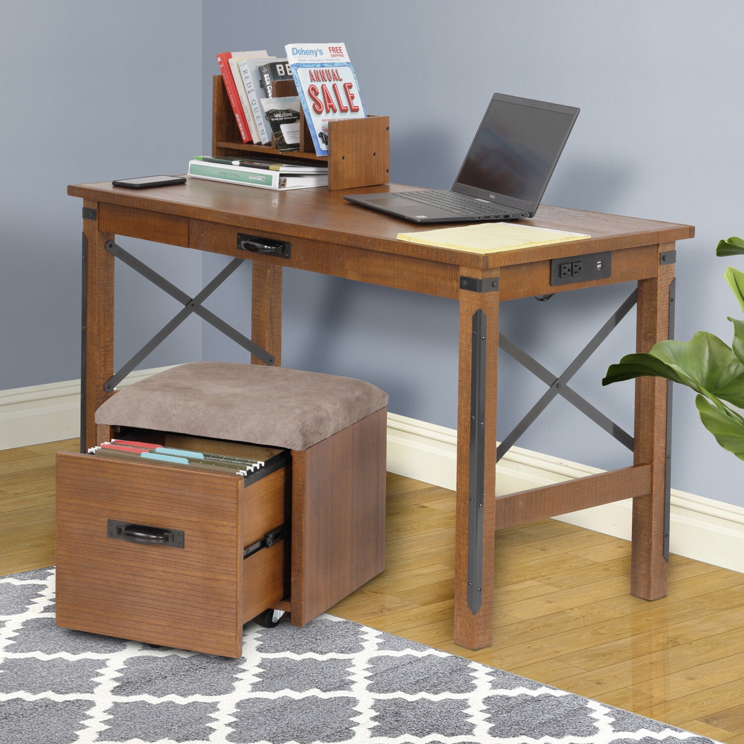 Picture of American Furniture Classics 33243K 30 x 47.5 x 23.5 in. OS Home & Office Furniture Industrial Collection Combination of 24 by 48 Desk with USB Ports & Roll About File Cabinet with Cushioned Seat