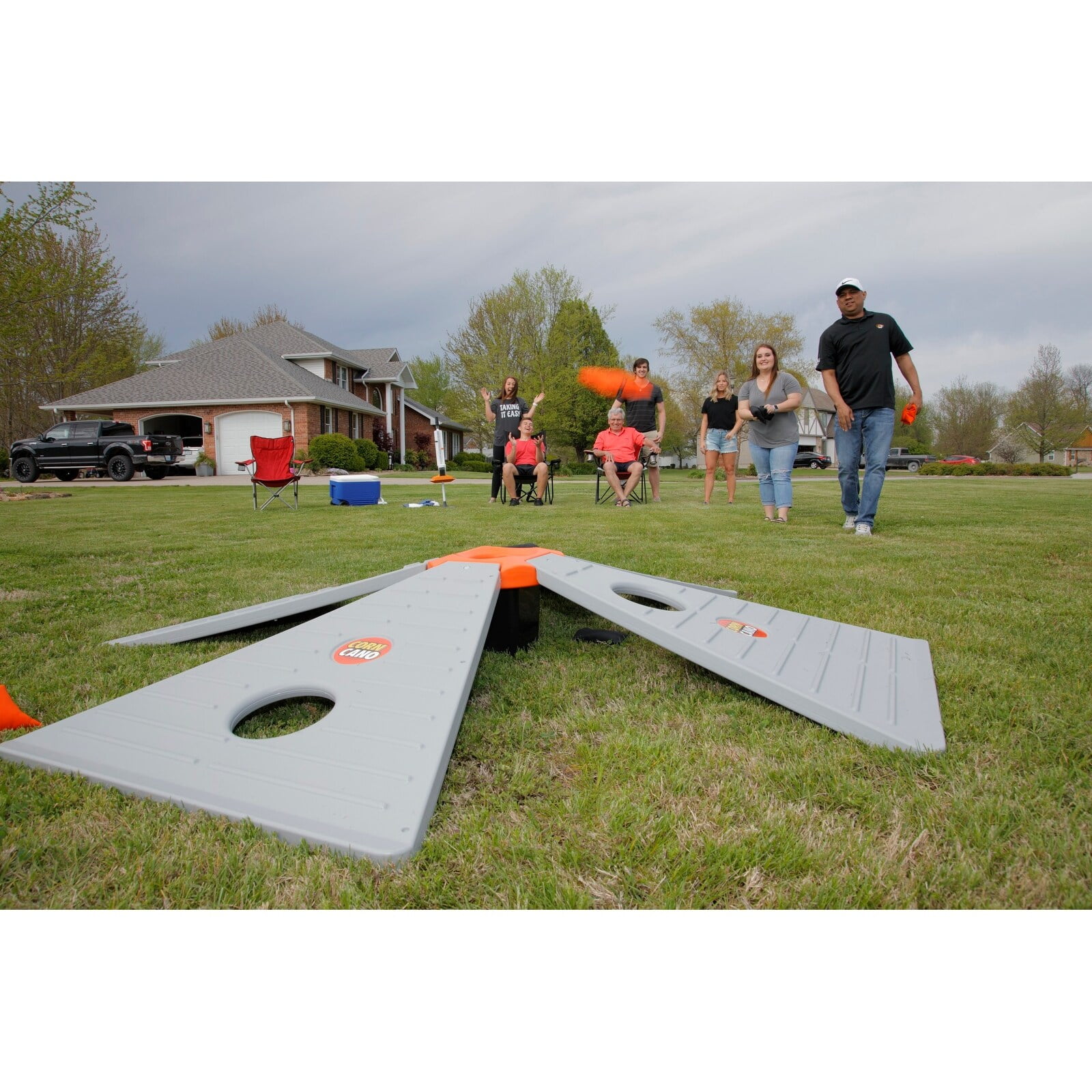 Picture of American Furniture Classics MOZ10050 11 x 60 x 60 in. CornCano Cornhole Game&#44; Bean Bag Game - Gray&#44; Orange & Black