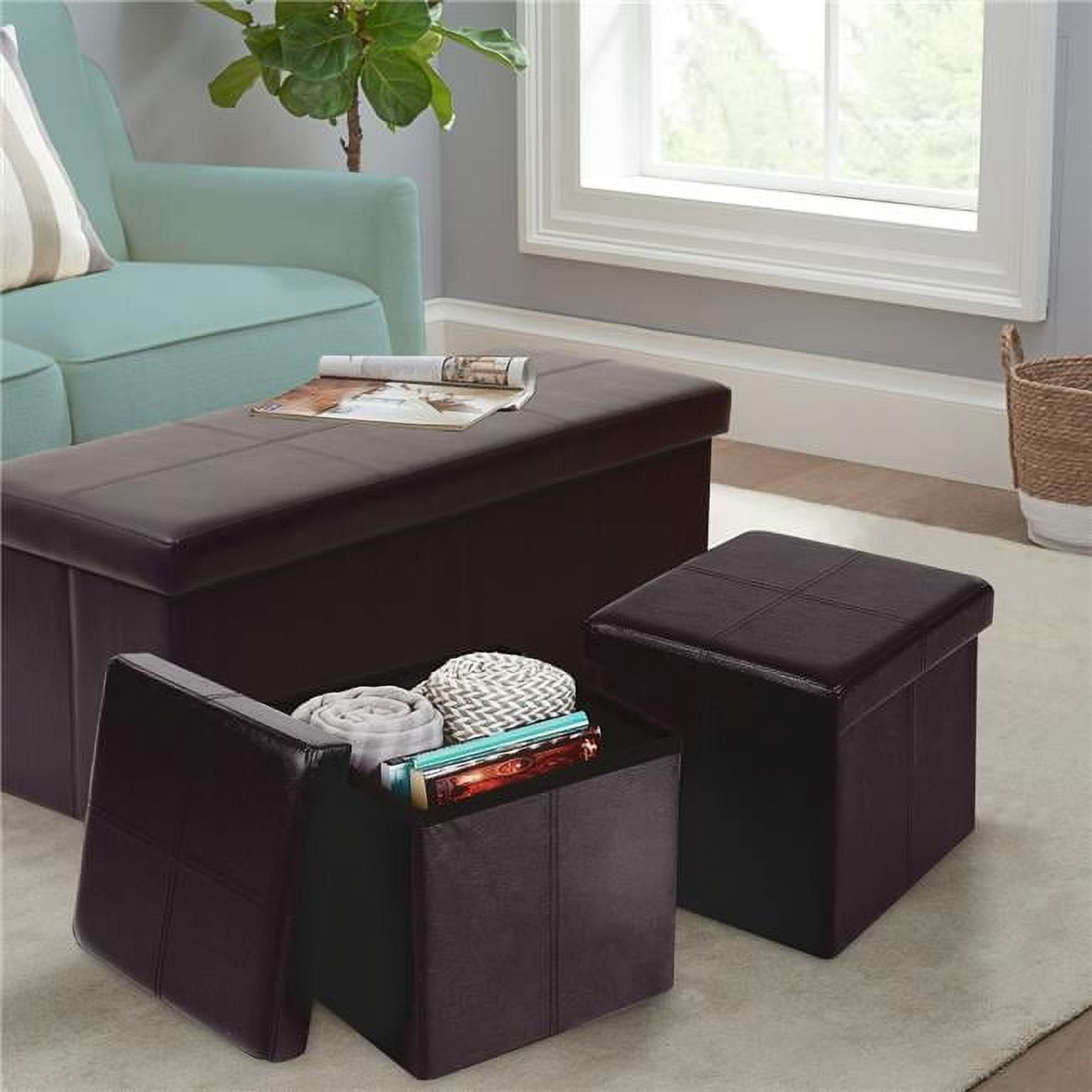 Picture of American Furniture Classics 514 Foldable Tufted Storage Bench & 2 Ottomans&#44; Brown - 3 Piece
