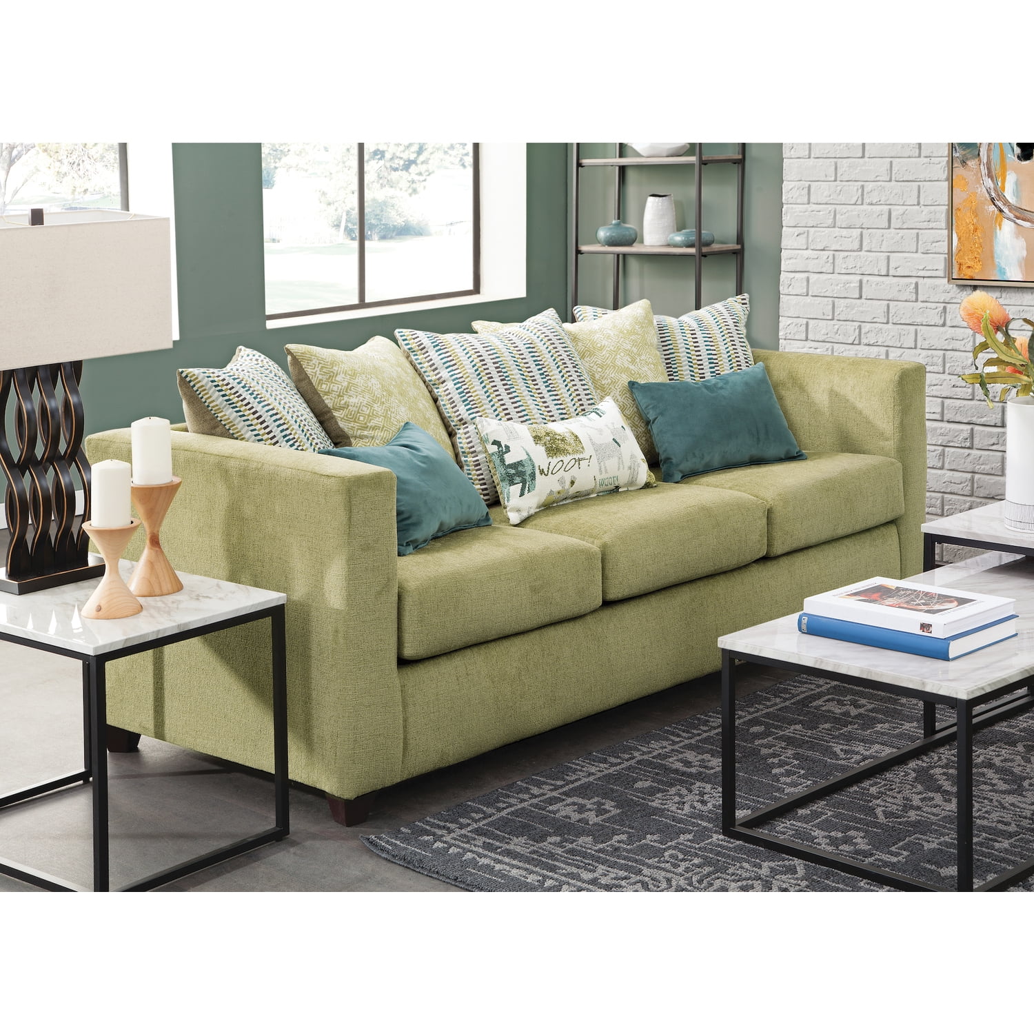 8-010-A238V5 35 x 83 x 38 in. Urban Square Arm 3 Seater Sofa with 8 Throw Pillows, Green -  American Furniture Classics