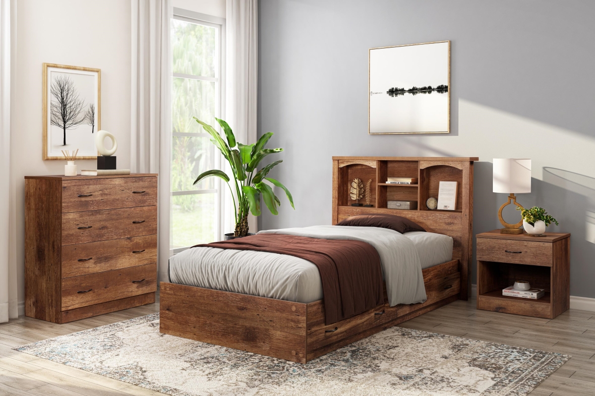 6008K Twin Size Bookcase Headboard & Platform Bed Combo, Mountain Oak