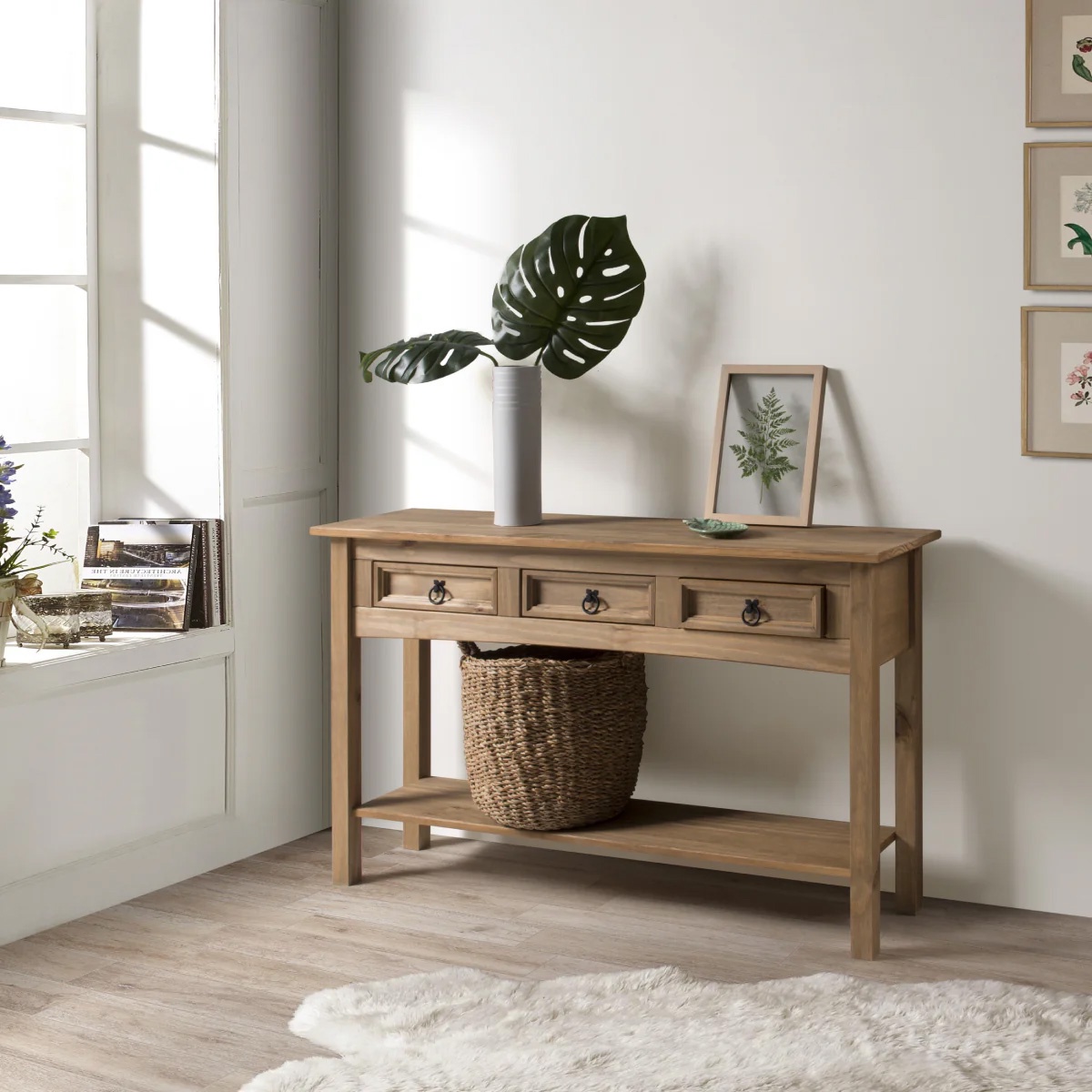 COR933 Cottage Series Wood Three Drawer Hall Console Table, Corona Brown
