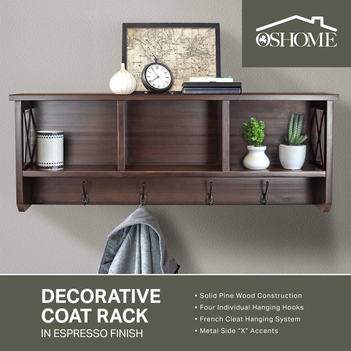 SS350 16 x 44 x 8 in. Decorative Coat Rack & Storage Accent Rack, Espresso