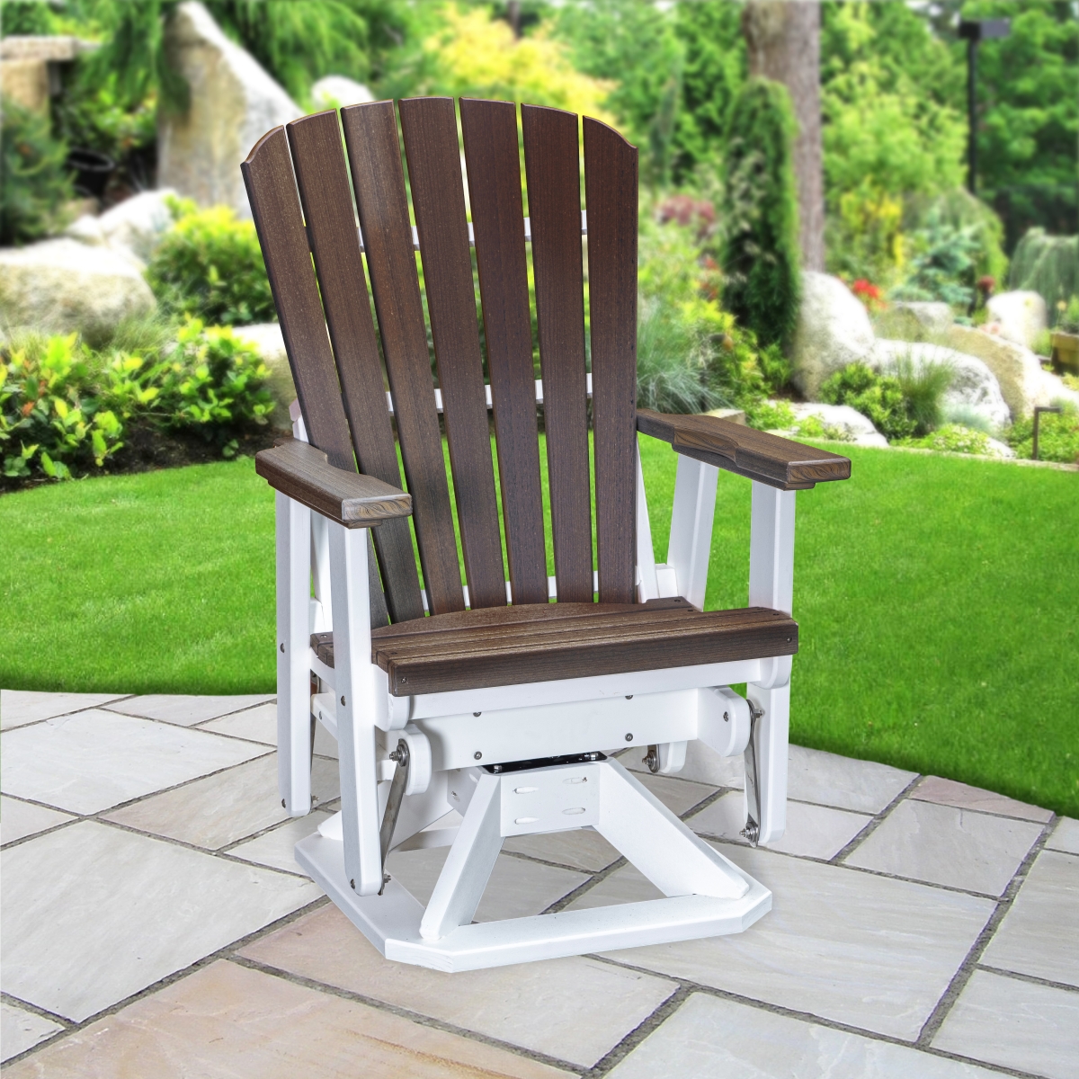 510BZWT Fan Back Swivel Glider in Brazilian Walnut on a White Base