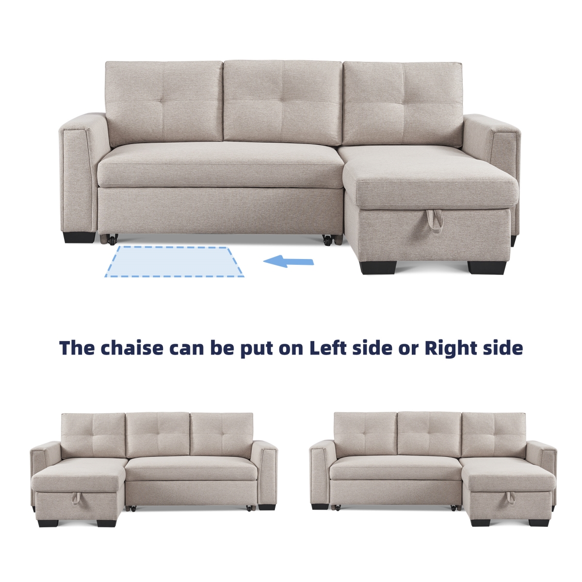SS2791P-BGSS Tufted Sectional Chaise Sofa Sleeper with Storage - Beige