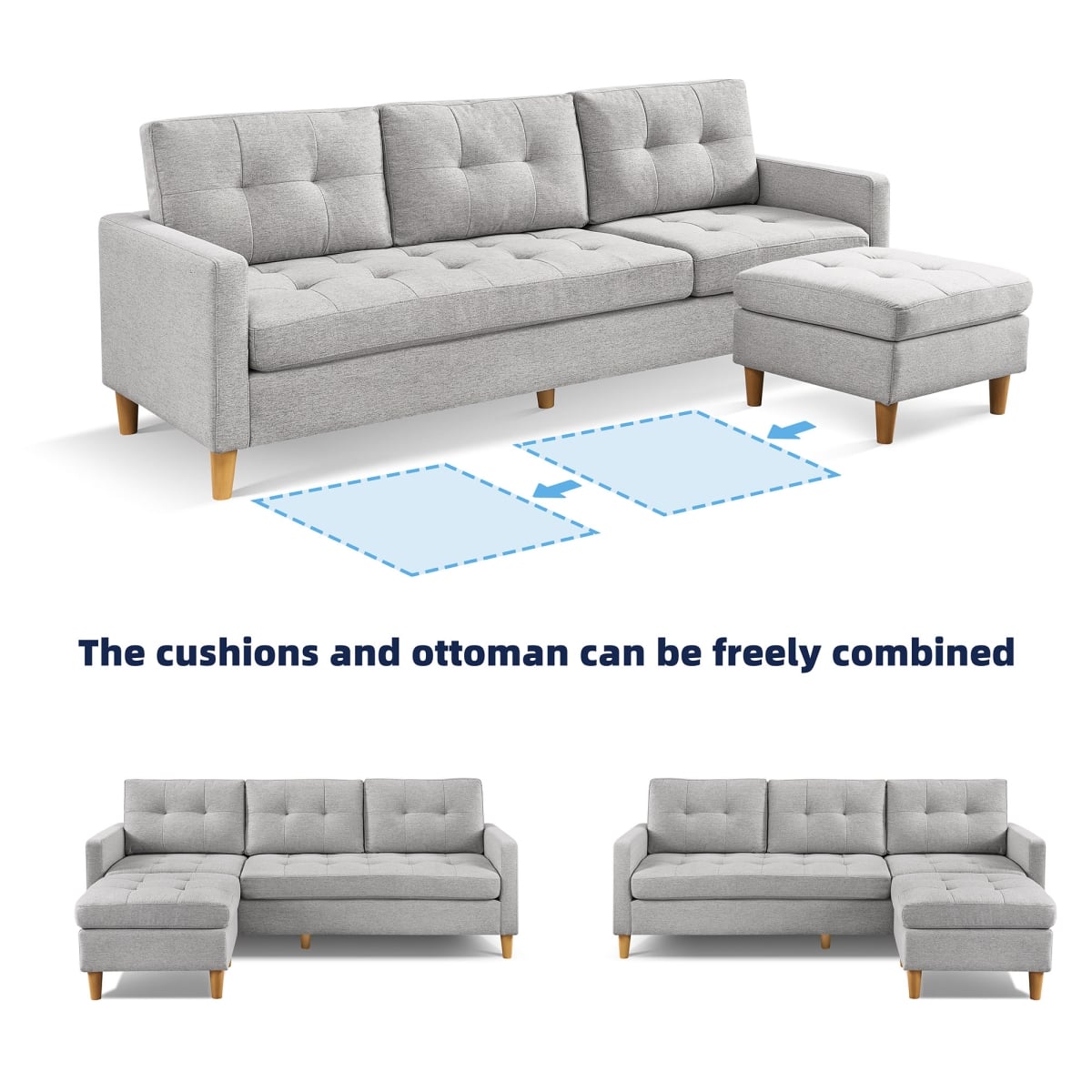 SS2725P-LGSL OS Home & Office Furniture Two Piece Upholstered Tufted L Shaped Sectional with Ottoman, Light Grey