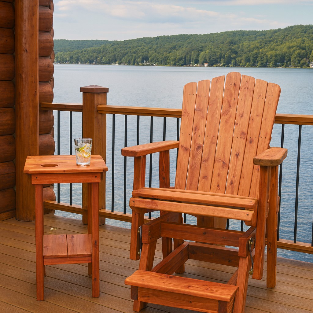 MM105-116 Natural Red Cedar Adirondack Balcony Height Glider with Matching Side Table