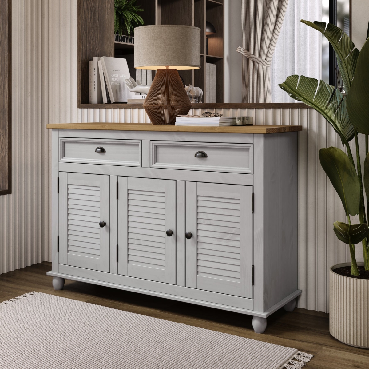 CEG716 Farmhouse Solid Pine Buffet & Sideboard Cabinet with Drawers & Storage Doors Rustic Cottage Style, Corona Gray & Honey Pine Top