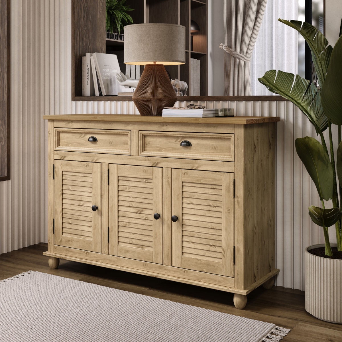 CER716 Farmhouse Solid Pine Buffet & Sideboard Cabinet with Drawers & Storage Doors Rustic Cottage Style, Corona Brown & Honey Pine Top