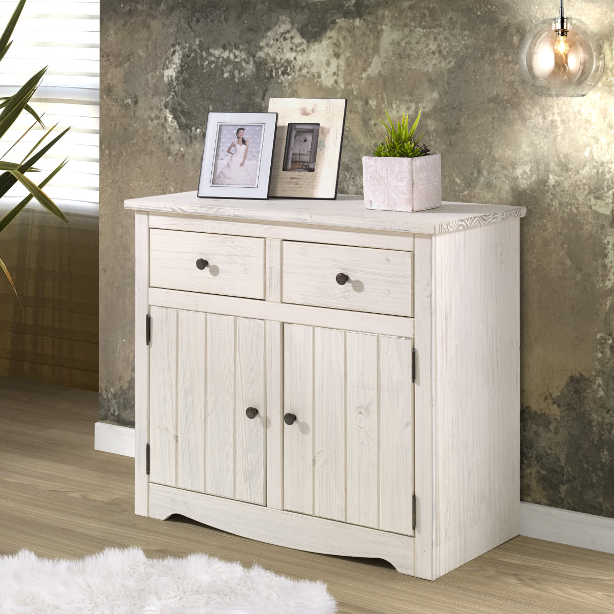 CAD915 Farmhouse Solid Pine Accent Buffet Sideboard Cabinet with 2 Drawers & 2 Doors Cottage Style, Distressed White