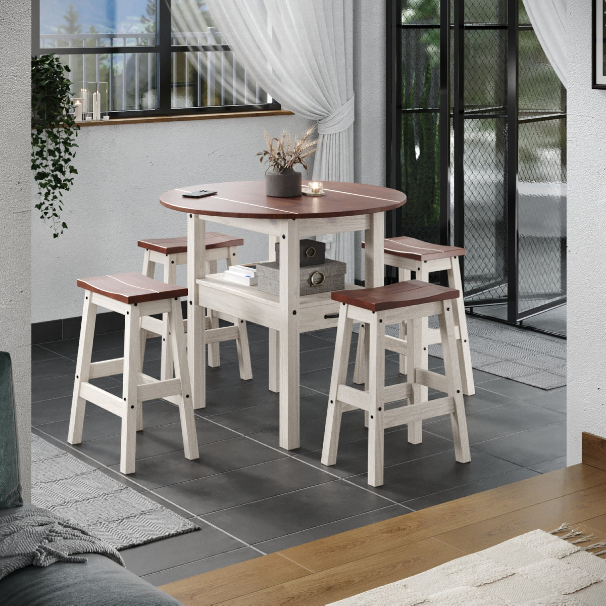 CADBTBSET11 5 Piece Farmhouse Drop Leaf Dining Table Set with 4 Stools Solid Pine Counter, Distressed White & Rustic Wood Top