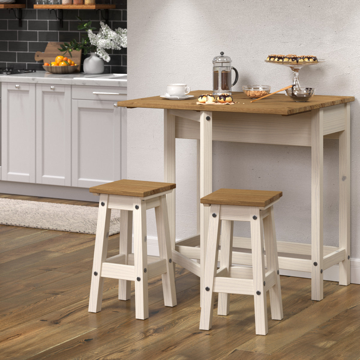 CRWTBSET4 3 Piece Farmhouse Folding Dining Table Set with 2 Stools Solid Pine Drop Leaf, Distressed White & Natural Wood