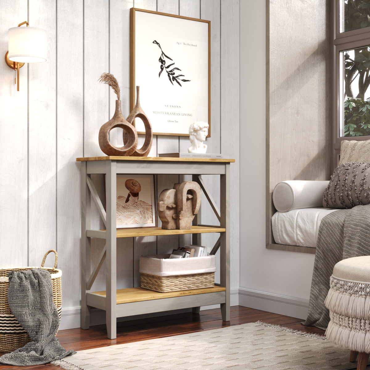 COG949 35.5 x 31.5 x 13.75 in. 3-Tier Solid Pine Bookcase Farmhouse Open Storage Shelf, Corona Gray & Natural Wood
