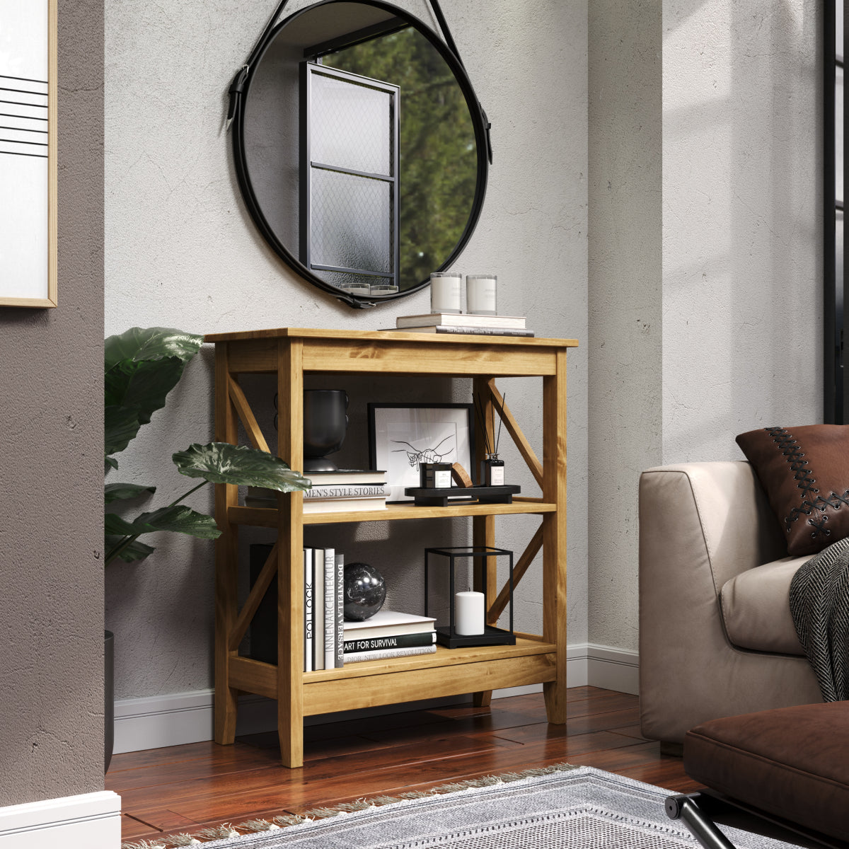 COR949 35.5 x 315 x 13.75 in. 3-Tier Solid Pine Bookcase Farmhouse Open Storage Shelf, Corona Brown