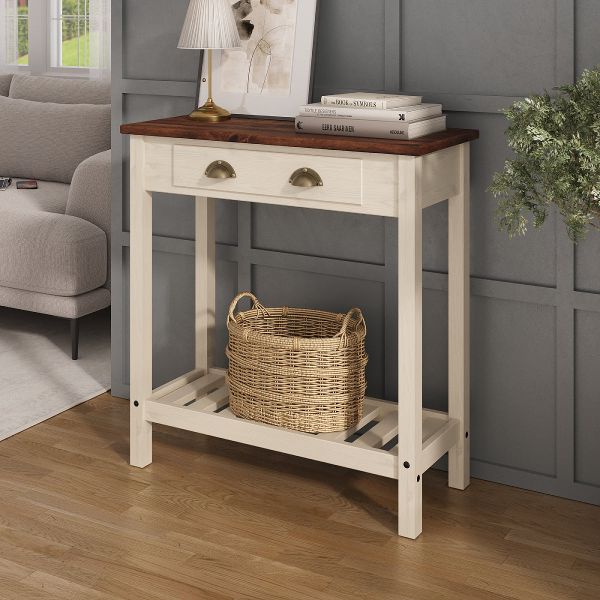 WCAD936 33 x 32 x 14 in. Solid Pine Farmhouse Console Table with Drawer Entryway Hall Table & Storage Shelf, Harvest White & Brown Wood Top
