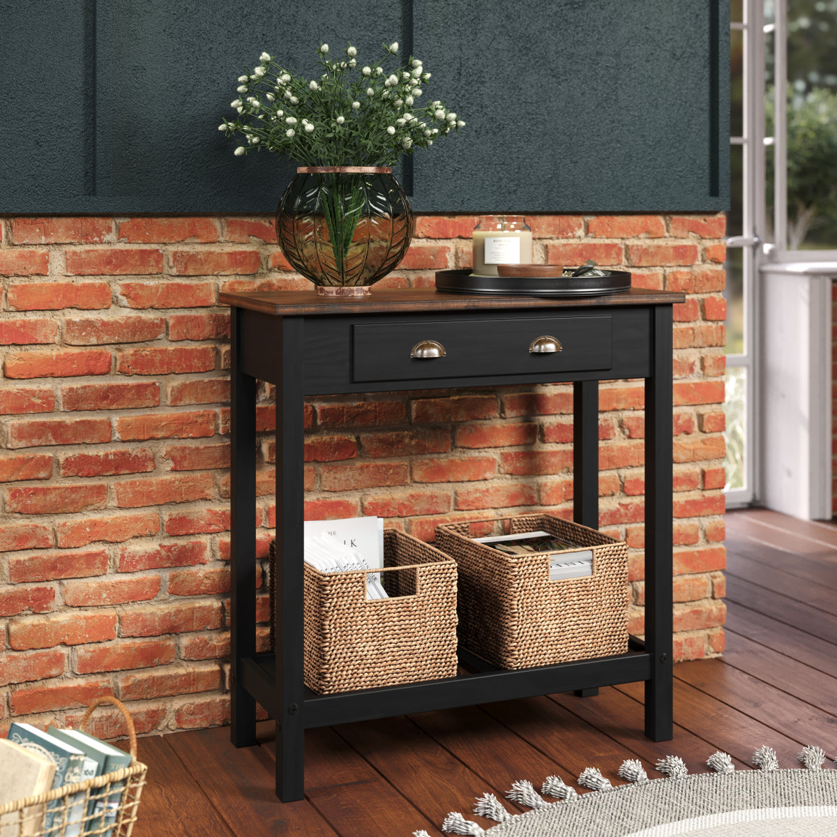 WB936 33 x 31.5 x 13.75 in. Solid Pine Farmhouse Console Table with Drawer Entryway Hall Table & Storage Shelf, Harvest Black & Brown Wood Top