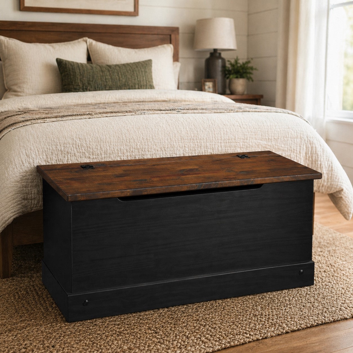 WB441 17.5 x 35.5 x 19 in. Solid Pine Storage Trunk Farmhouse Wooden Blanket Chest with Lift-Top Hinged Lid, Harvest Black & Brown