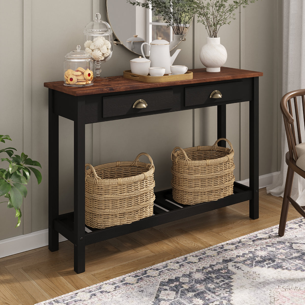 WB937 33 x 47.25 x 13.75 in. Solid Pine Farmhouse Console Table with 2 Drawers & Shelf Entryway Hall Table, Harvest Black & Distressed Brown Top