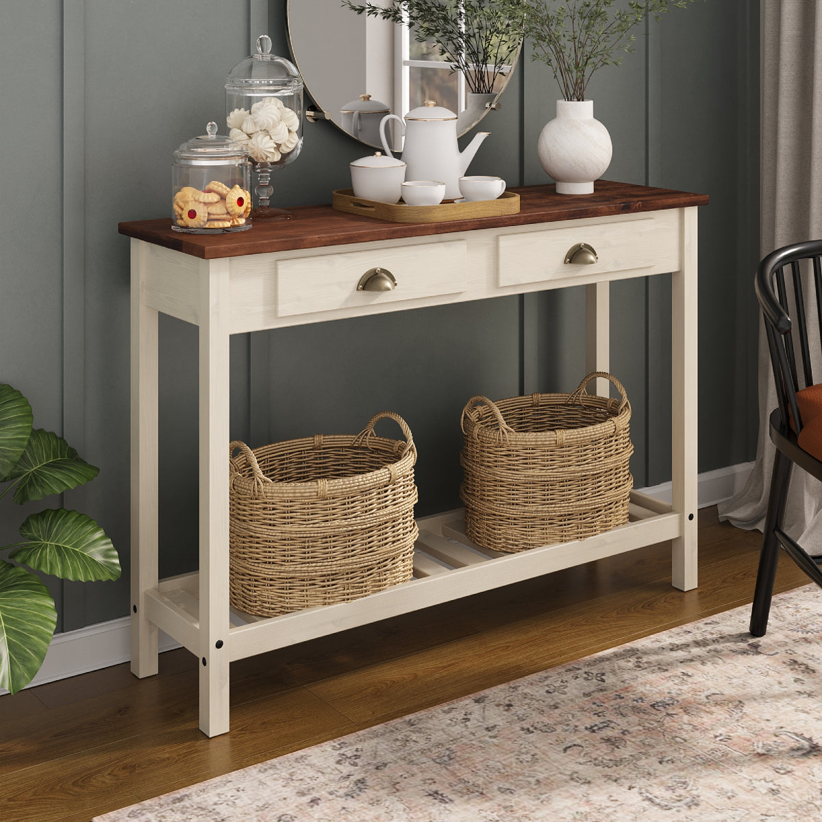 33 x 47.25 x 13.75 in. Solid Pine Farmhouse Console Table with 2 Drawers & Shelf Entryway Hall Table, Harvest White & Distressed Brown Top