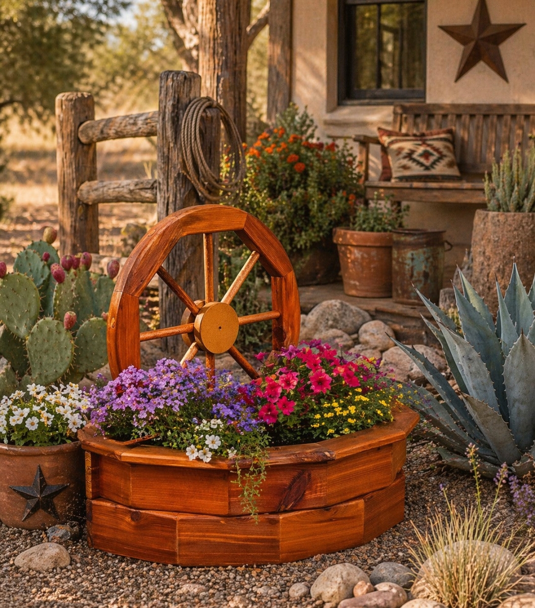 MM150 23 x 26 x 15 in. Rustic Wagon Wheel Planter Eastern Red Cedar Farmhouse Garden Planter for Patio or Yard