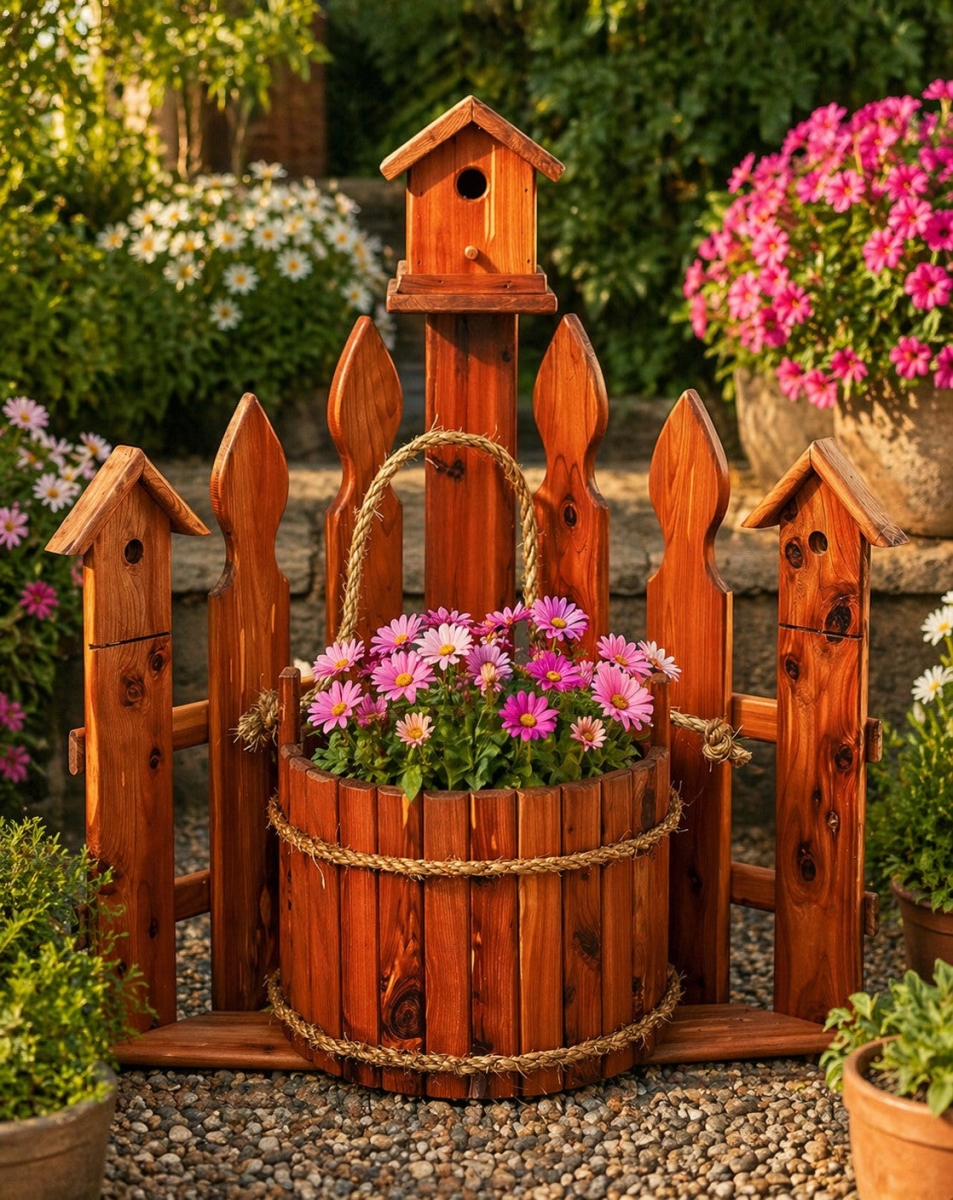 MM146 30 x 26 x 18 in. Large Amish Handcrafted Corner Planter with Birdhouse Rustic Natural Red Cedar & Picket Fence