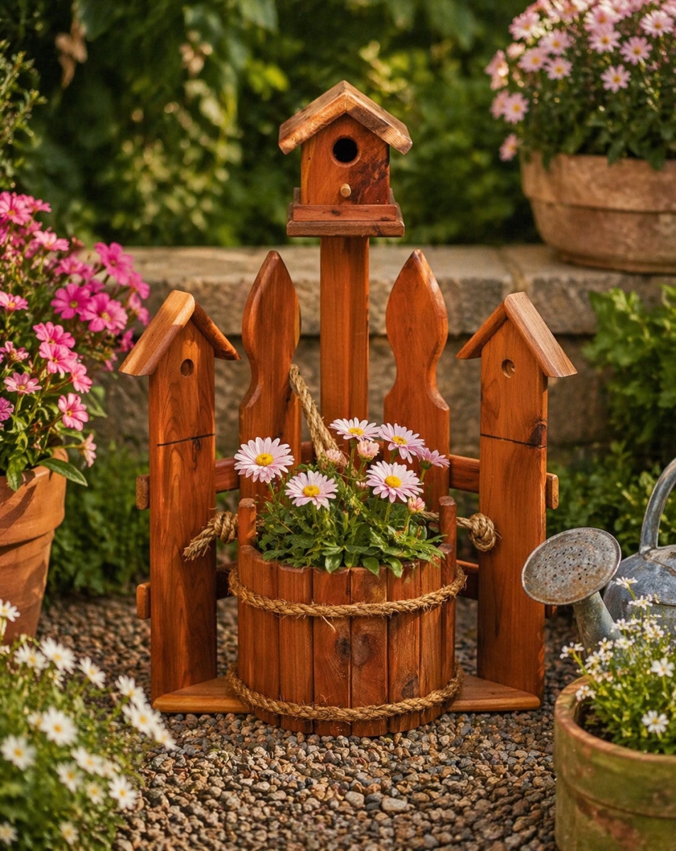 MM145 24 x 19 x 14 in. Small Amish Handcrafted Corner Planter with Birdhouse & Picket Fence Rustic Natural Red Cedar Garden Decor